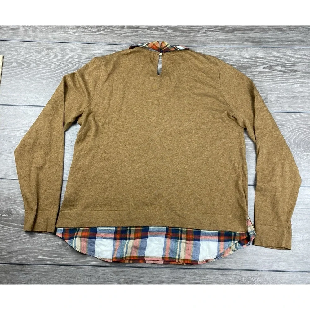 J Crew Women's Long Sleeve Plaid Accent Collar & Hem Sweater‎ Brown Size Large
